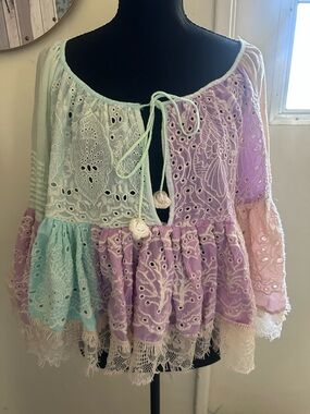 Boho Eyelet Peasant Top in Pastel Multi